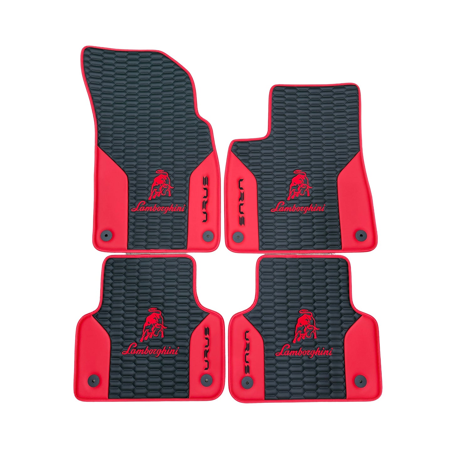 Custom black and red floor mats for Lamborghini Urus, offering a perfect fit, premium durability, and enhanced interior style.