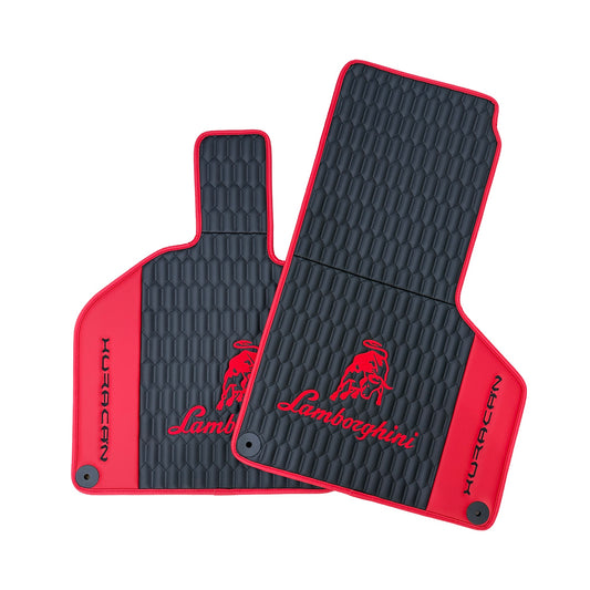 Custom black and red floor mats for Lamborghini Huracan, offering a perfect fit, premium durability, and enhanced interior style.