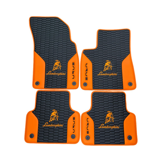 Custom black and orange floor mats for Lamborghini Urus, offering a perfect fit, premium durability, and enhanced interior style.
