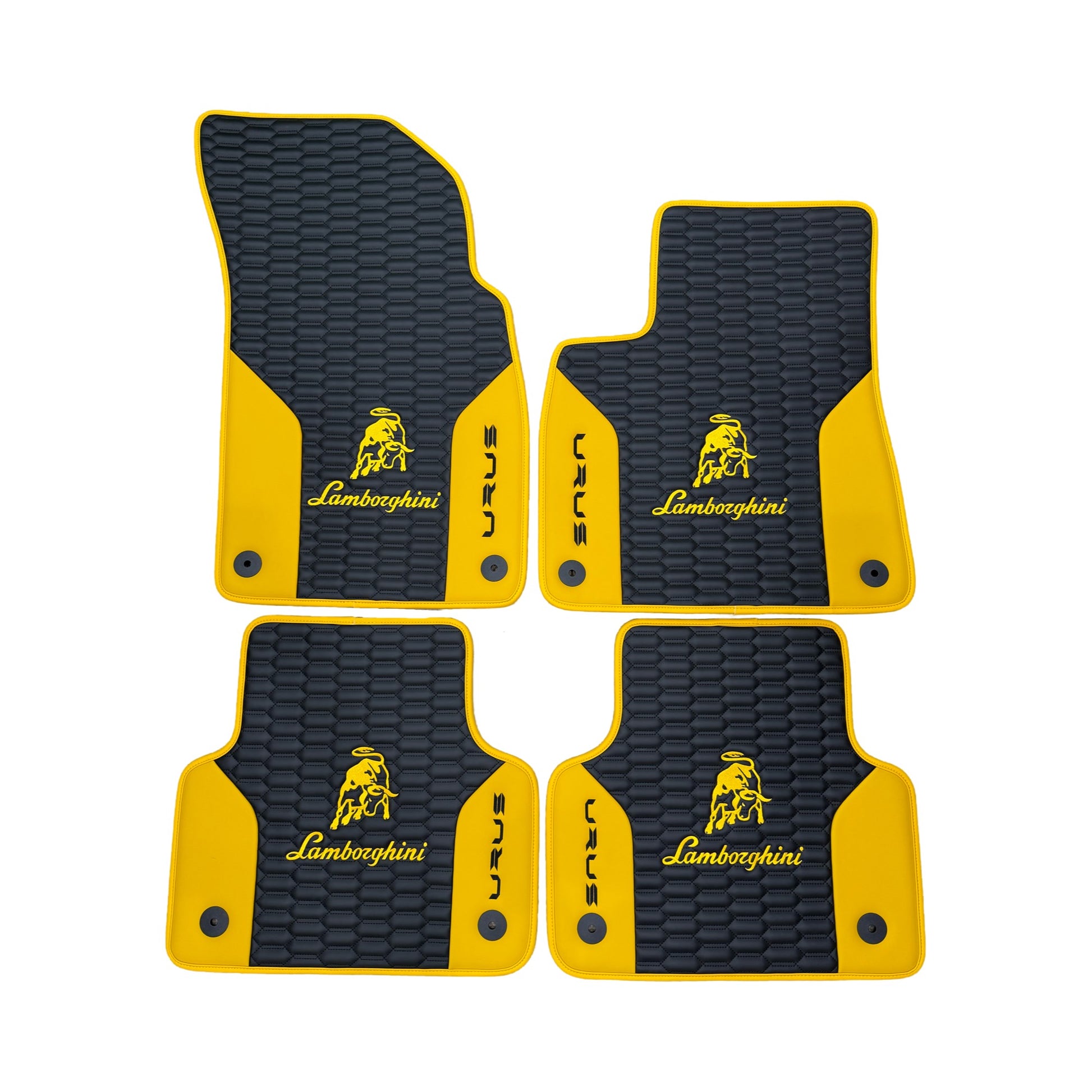 Custom black and Yellow floor mats for Lamborghini Urus, offering a perfect fit, premium durability, and enhanced interior style.